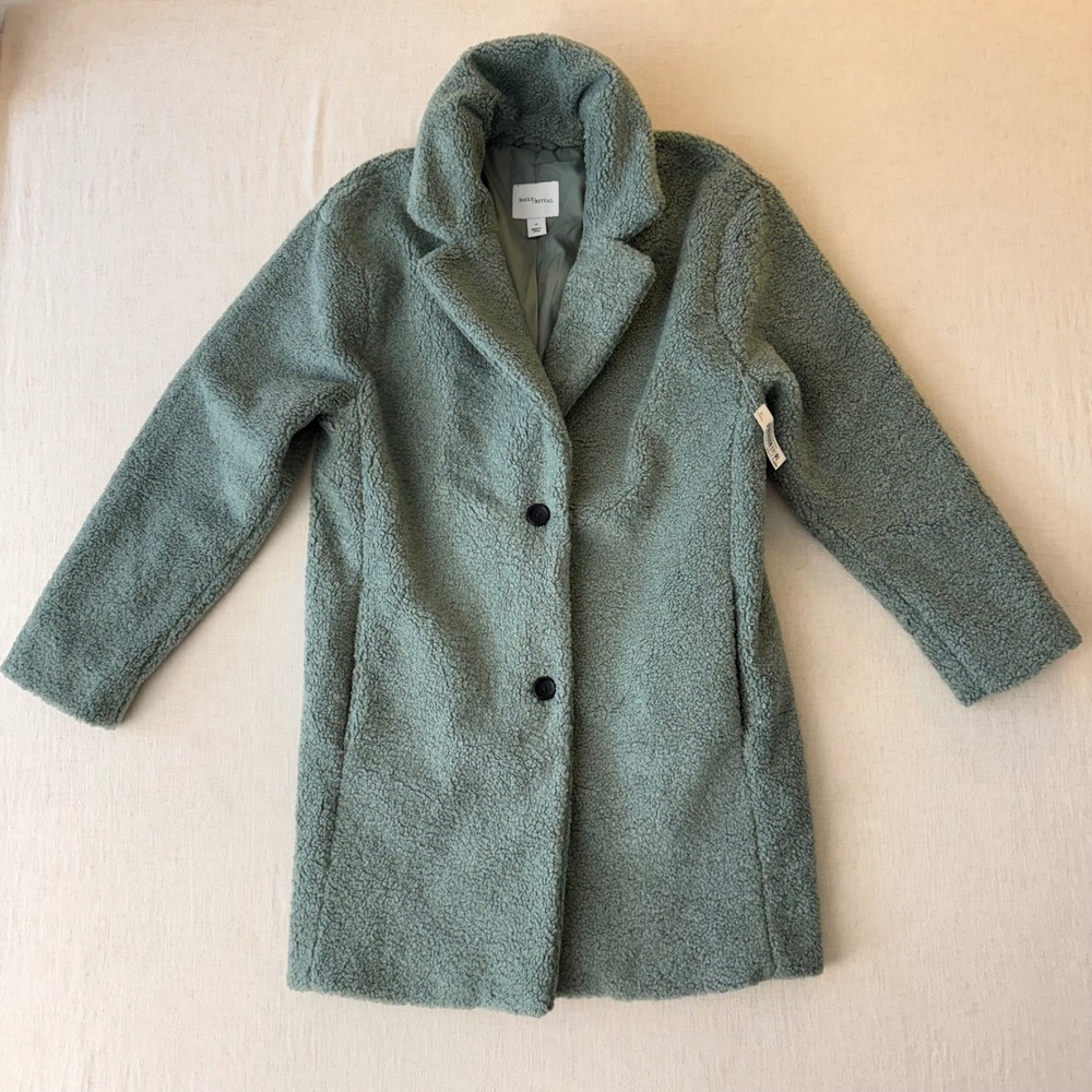 NWT Daily Ritual Teddy Bear Sherpa Faux Shearling Coat Women XS Sage Green